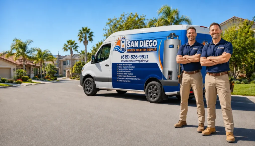 Professional technician servicing a residential water heater in San Diego